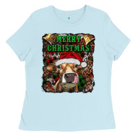 Baby Blue merry christmas heifer with cowbells Ladies Tee - RanaPortraitStore
