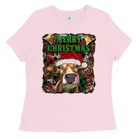 Bubblegum Pink merry christmas heifer with cowbells Ladies Tee - RanaPortraitStore