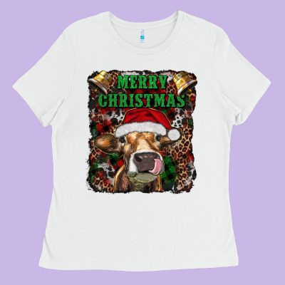 Merry Christmas Heifer With Cowbells Ladies Tee Designed By Ranaportraitstore