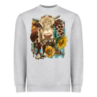 Heather Grey Hereford heifer with sunflower and leopard Heavyweight Sweatshirt - LillyAllenDesigns