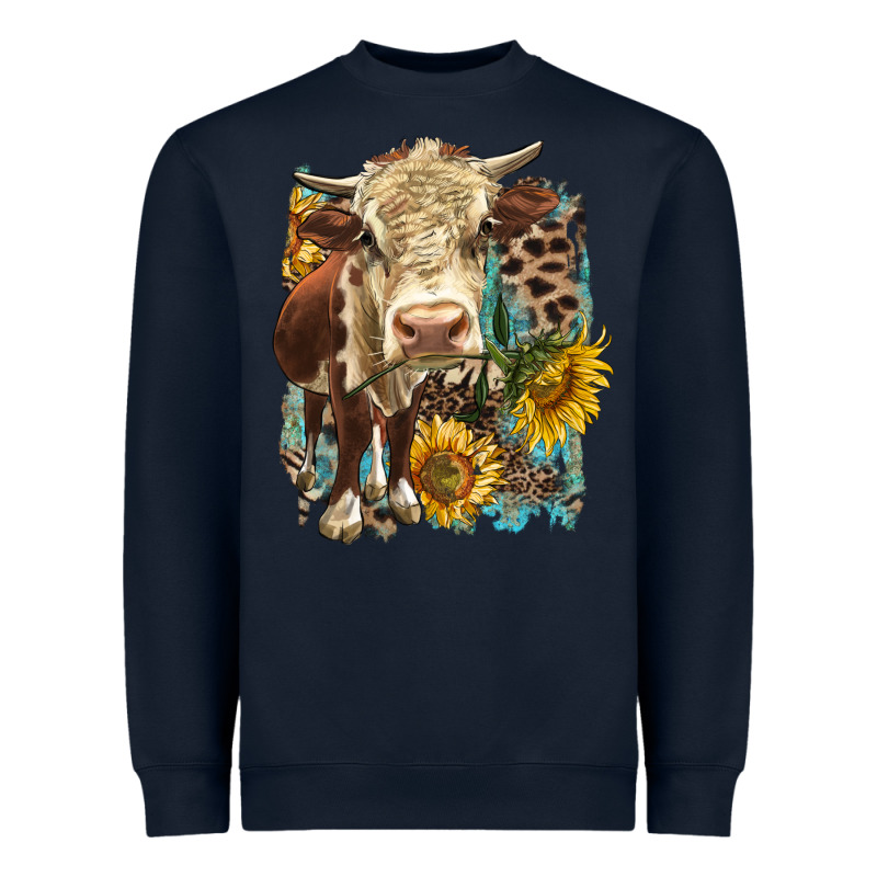 Hereford Heifer With Sunflower And Leopard Heavyweight Sweatshirt by LillyAllenDesigns | Teevron