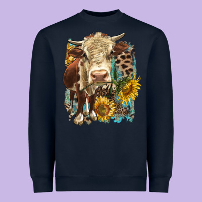 Hereford Heifer With Sunflower And Leopard Heavyweight Sweatshirt Designed By Lillyallendesigns