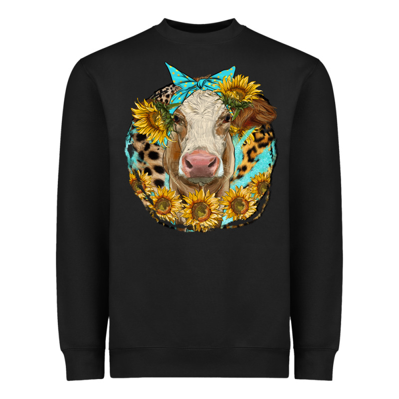 Simmental Heifer With Sunflowers And Leopard Heavyweight Sweatshirt by LillyAllenDesigns | Teevron