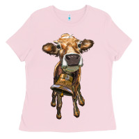 Bubblegum Pink heifer cow with cow bell Ladies Tee - RanaPortraitStore