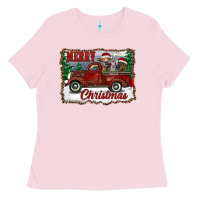 Bubblegum Pink christmas truck with cows Ladies Tee - RanaPortraitStore