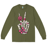 Army Green pink gemstone peace skeleton hand Long Sleeve Tee - MaliasSmallBusiness