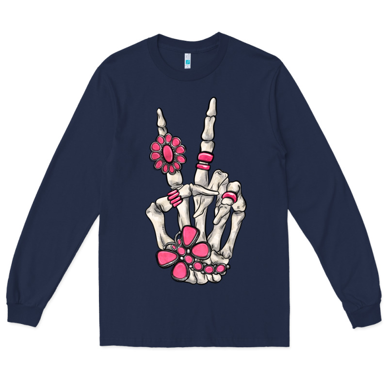 Pink Gemstone Peace Skeleton Hand Long Sleeve Tee by MaliasSmallBusiness | Teevron
