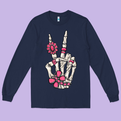 Pink Gemstone Peace Skeleton Hand Long Sleeve Tee Designed By Maliassmallbusiness