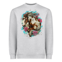 Heather Grey mustang horse with floral background Heavyweight Sweatshirt - LillyAllenDesigns