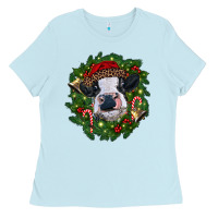 Baby Blue heifer cow with Christmas wreath Ladies Tee - RanaPortraitStore