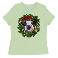 Matcha heifer cow with Christmas wreath Ladies Tee - RanaPortraitStore