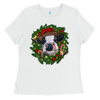 White heifer cow with Christmas wreath Ladies Tee - RanaPortraitStore