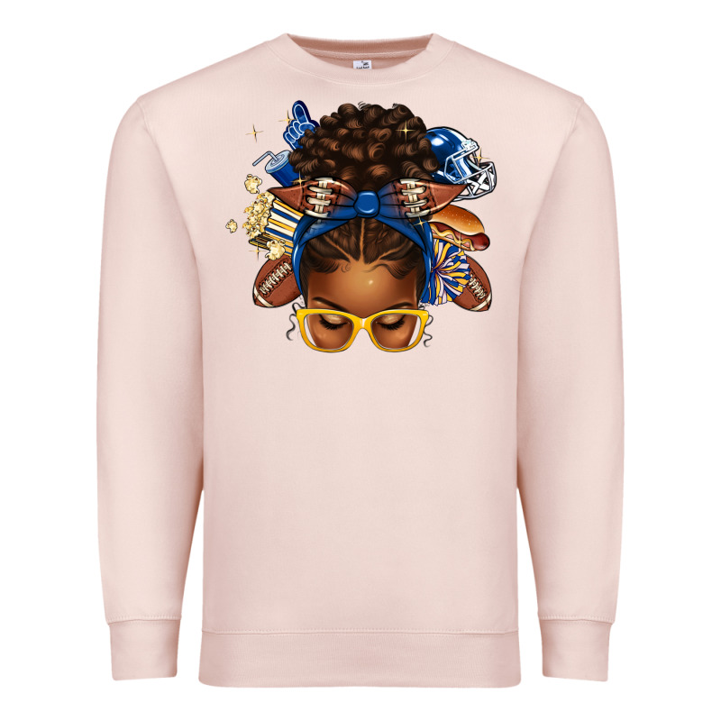 Blue And Gold American Football Afro Messy Bun Premium Sweatshirt by texasbilliewilder | Teevron