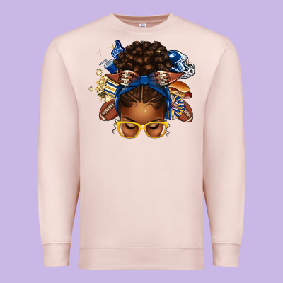 Blue And Gold American Football Afro Messy Bun Premium Sweatshirt Designed By Texasbilliewilder