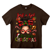 Chocolate Brown just a girl who loves christmas afro messy bun Heavy Core Tee - texasbilliewilder