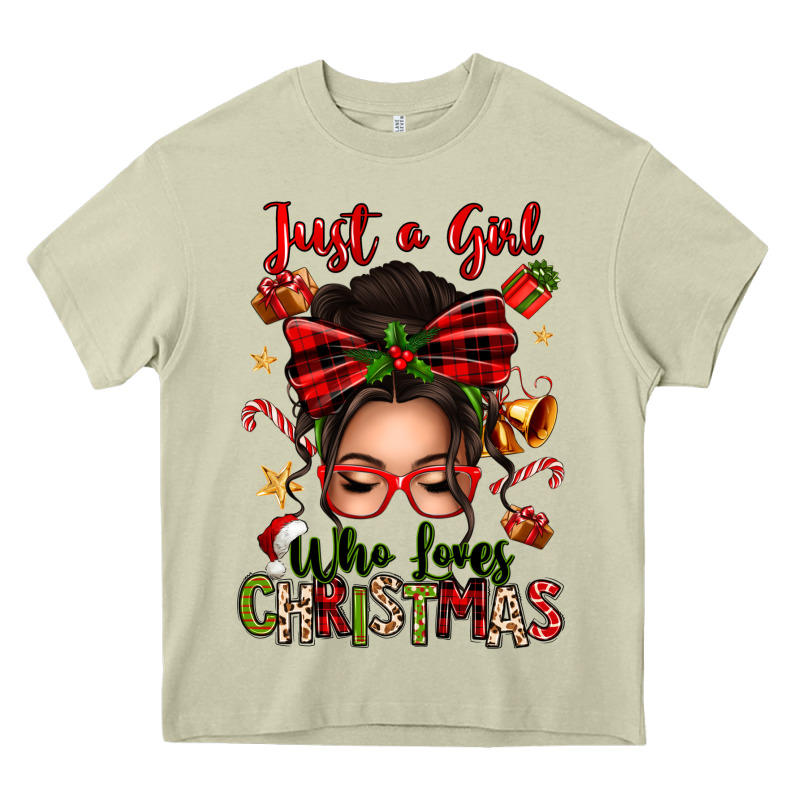 Just A Girl Who Loves Christmas Afro Messy Bun Heavy Core Tee by texasbilliewilder | Teevron