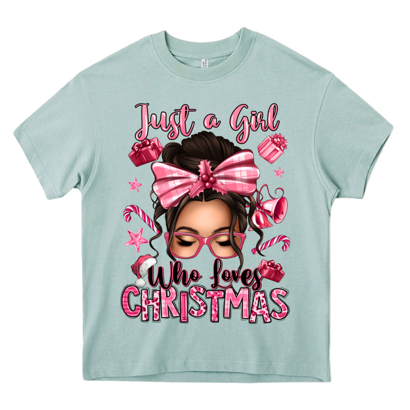 Just A Girl Who Loves Pink Christmas Messy Bun Heavy Core Tee by texasbilliewilder | Teevron