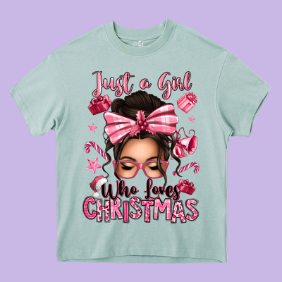 Just A Girl Who Loves Pink Christmas Messy Bun Heavy Core Tee Designed By Texasbilliewilder