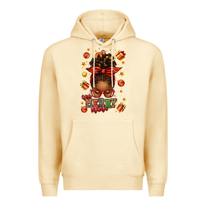 One Merry Mama Christmas Afro Messy Bun Premium Hoodie by texasbilliewilder | Teevron