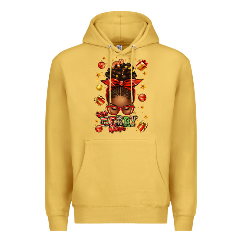 One Merry Nana Christmas Afro Messy Bun Premium Hoodie by texasbilliewilder | Teevron