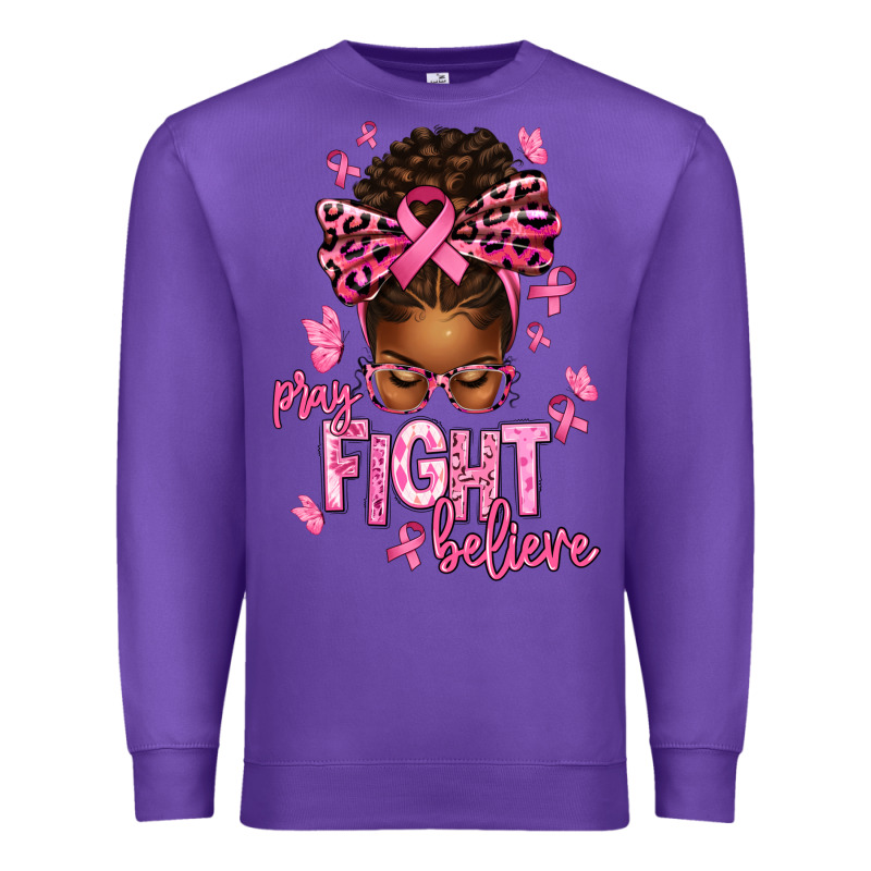 Pray Fight Believe Breast Cancer Afro Messy Premium Sweatshirt by texasbilliewilder | Teevron