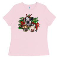 Bubblegum Pink christmas cows with tree Ladies Tee - RanaPortraitStore