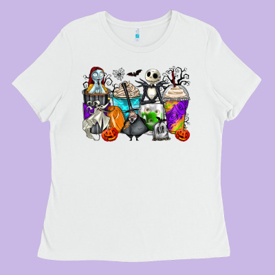 Halloween Cartoon Characters Coffee Cups Ladies Tee Designed By Zillion Design Studio