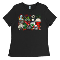 Black Christmas cartoon characters coffee cups Ladies Tee - Zillion Design Studio