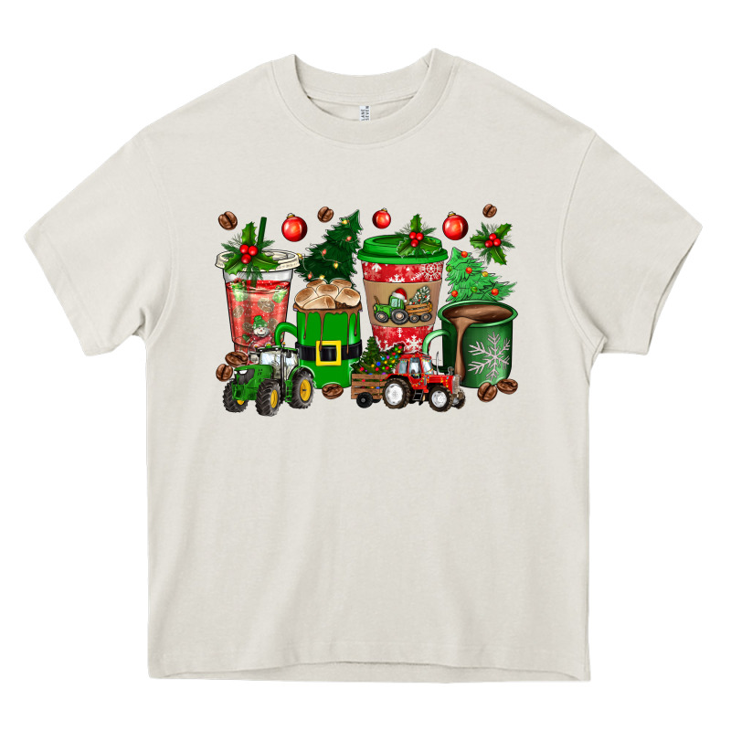 Christmas Tractor Coffee Cups Heavy Core Tee by texasbilliewilder | Teevron