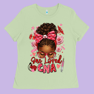 One Loved Cna Afro Messy Bun Ladies Tee Designed By Texasbilliewilder