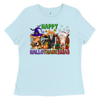 Baby Blue happy hallothanksmas with cow Ladies Tee - texasbilliewilder