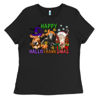 Black happy hallothanksmas with cow Ladies Tee - texasbilliewilder