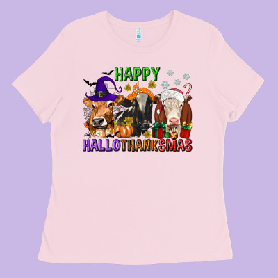 Happy Hallothanksmas With Cow Ladies Tee Designed By Texasbilliewilder