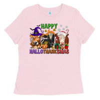 Bubblegum Pink happy hallothanksmas with cow Ladies Tee - texasbilliewilder