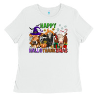 White happy hallothanksmas with cow Ladies Tee - texasbilliewilder