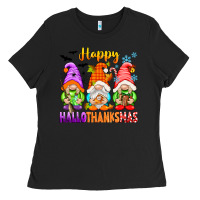 Black happy hallothanksmas gnomes Ladies Tee - texasbilliewilder