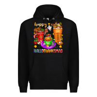 Black Happy Hallothanksmas coffee cups Premium Hoodie - texasbilliewilder