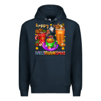 Navy Happy Hallothanksmas coffee cups Premium Hoodie - texasbilliewilder
