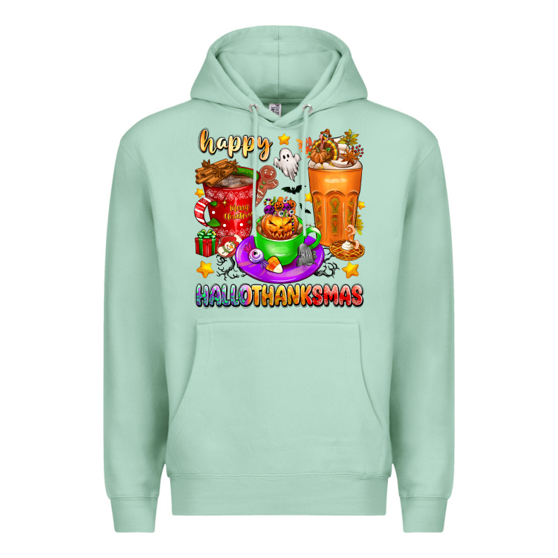 Happy Hallothanksmas Coffee Cups Premium Hoodie by texasbilliewilder | Teevron