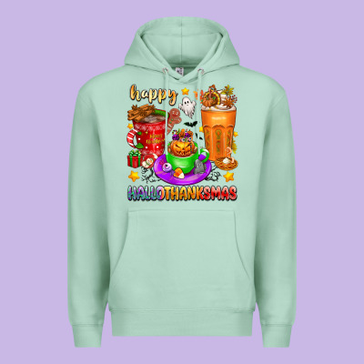 Happy Hallothanksmas Coffee Cups Premium Hoodie Designed By Texasbilliewilder
