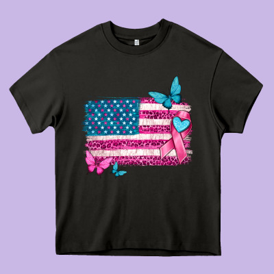 American Flag Breast Cancer With Ribbon Heavy Core Tee Designed By Texasbilliewilder