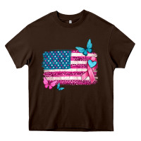 Chocolate Brown American flag breast cancer with ribbon Heavy Core Tee - texasbilliewilder
