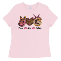 Bubblegum Pink peace love bulldog Ladies Tee - RanaPortraitStore