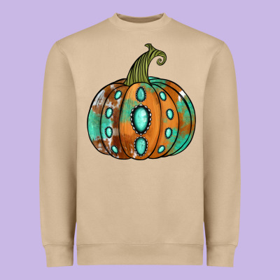 Western Cowhide Turquoise Pumpkin Heavyweight Sweatshirt Designed By Jasminsmagicworld