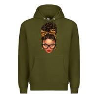 Army Green Light skin afro messy bun leopard bow Premium Hoodie - texasbilliewilder