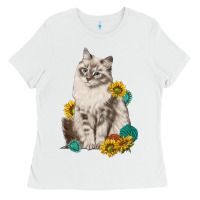 White siberian cat sunflower and gemstone Ladies Tee - texasbilliewilder