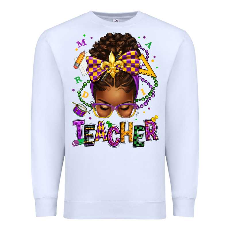Mardi Gras Teacher Afro Messy Bun Premium Sweatshirt by texasbilliewilder | Teevron