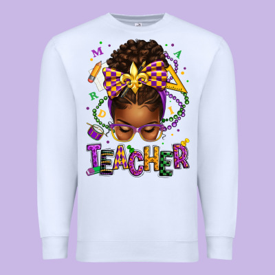 Mardi Gras Teacher Afro Messy Bun Premium Sweatshirt Designed By Texasbilliewilder