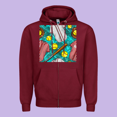 Softball Uniform Glove And Bat With Field Seamless Pattern Zipper Hoodie Designed By Bundleandbundleshop