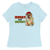 Baby Blue merry and bright english bulldog Ladies Tee - RanaPortraitStore